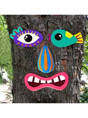 Colorful Outdoor Tree Faces Decor - Fun Resin Sculpture with 4 Hooks for Garden